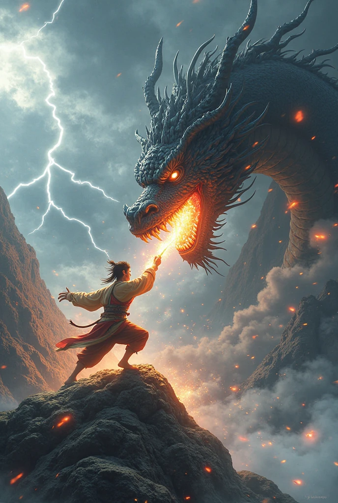 dragon fighting a hero in white clothes

