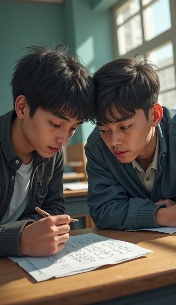 Two boys discussing math problems 