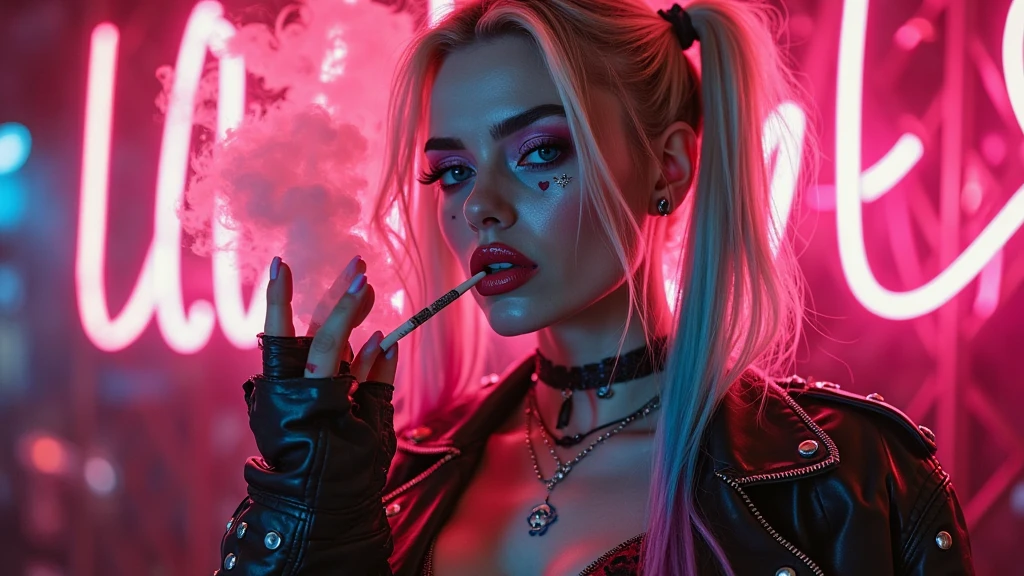 Masterpiece, close up portrait of harley quinn. Pink and blue makup around her eyes with glossy black lips. She is posing sexy. a lit cigarette between her lips and exhaling creamy smoke from her mouth. Lots of smoke lingers and drifts in the air all around her and fills the limousine. She has thick long blonde hair tied in twin bunches with pink and blue ends and she is wearing a short tight black and red leather punk jacket with chains and spikes.  She is getting out of a limousine at dusk. Very Thick smoke fills the limousine like a fog. Taken by professional photographer using a canon 5D mark 3. Extremely detailed and colourful --ar 2:3 --v 6.0 --style raw --s 750