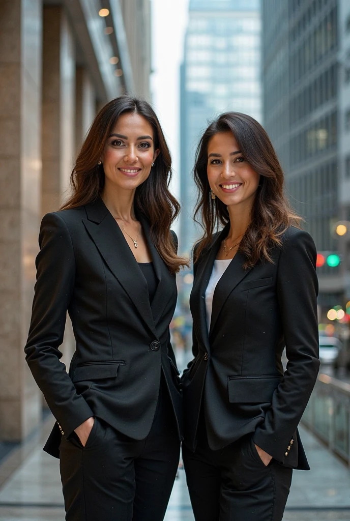 Photograph a duo of professionals, una mujer de negocios y un hombre, highlighting gender equality in the business world. The two share a conversation in front of an imposing skyscraper, symbolizing collaboration and joint success in the corporate environment. --auto --s2