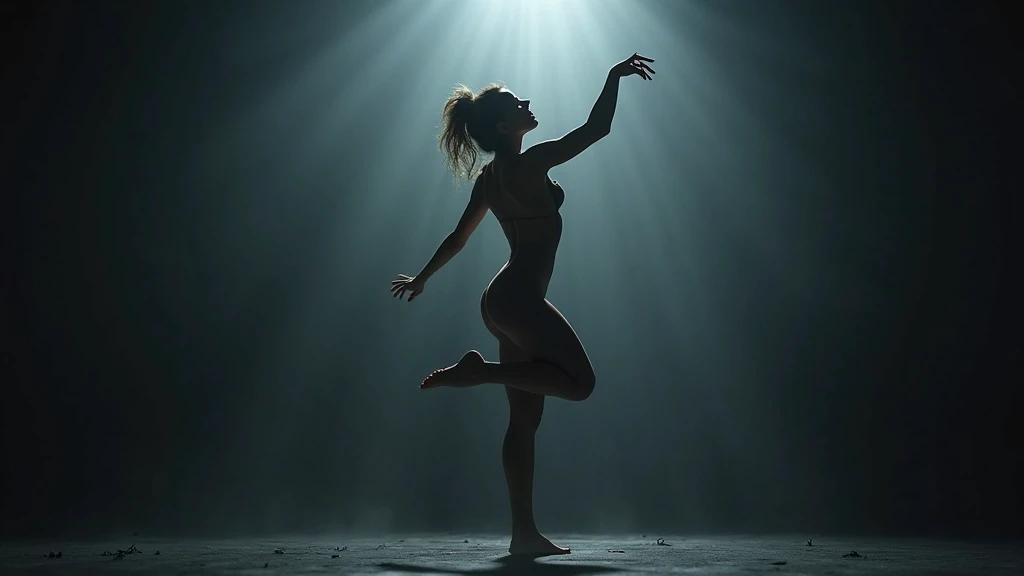 A naked dancer lady expressing emotion through movement, with dramatic lighting