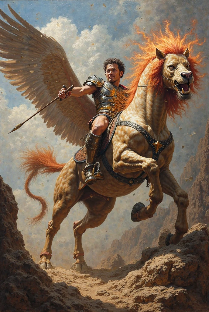 A serious boy with black hair riding on the back of a winged lion