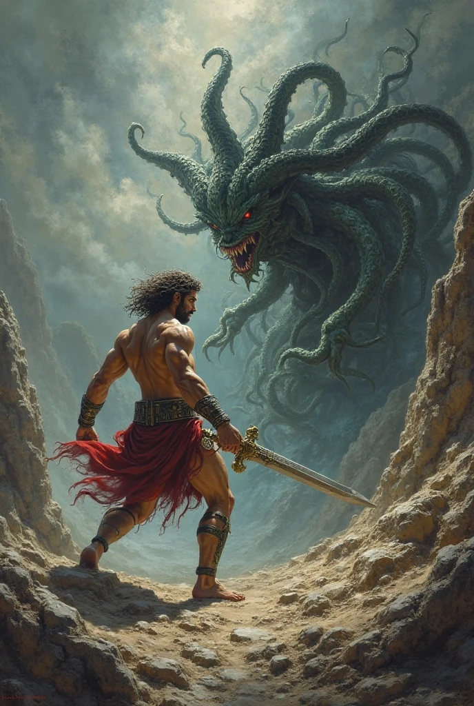 <lora:fr4z3tt4:0.66>fr4z3tt4 warrior in a helmet with glowing eyes and a dark face fighting a giant snake
