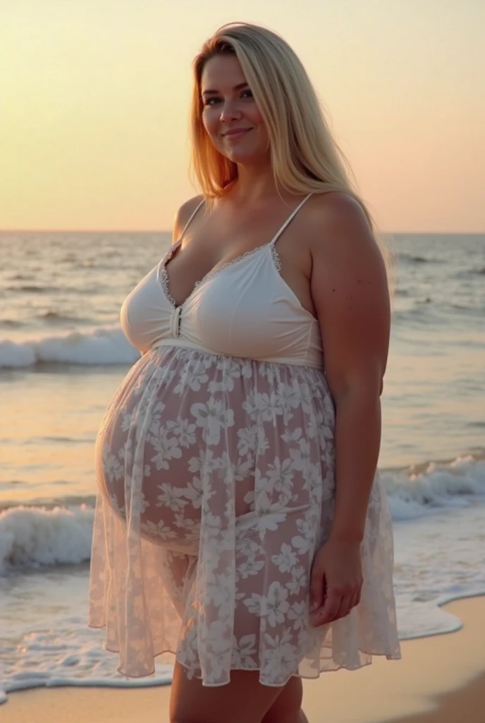 White blonde nude woman with beach background huge breasts and big waist