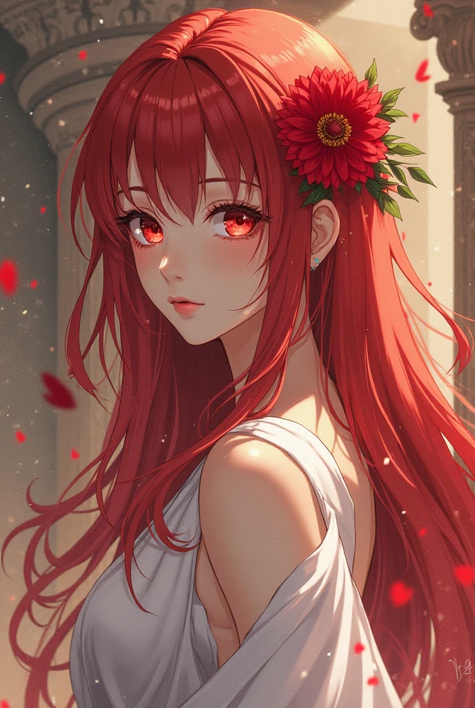 solo masterpiece portrait, majestic beautiful red hair Cute Anime Woman flower crown white dress stars wind bokeh forest waterfall dreamscape poppy /(flowers/) hallucination aurora morning dew drop mist, volumetric lighting, glimmer , shiny skin,  POV, 90FOV, ambience, tendrils bangs,  synesthesia, yellow eyes, will-o'-the-wisp \(mythology\),  1girl honeydew