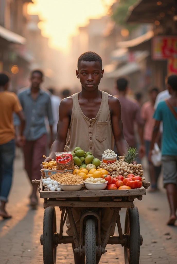 An African young man picking food in the market