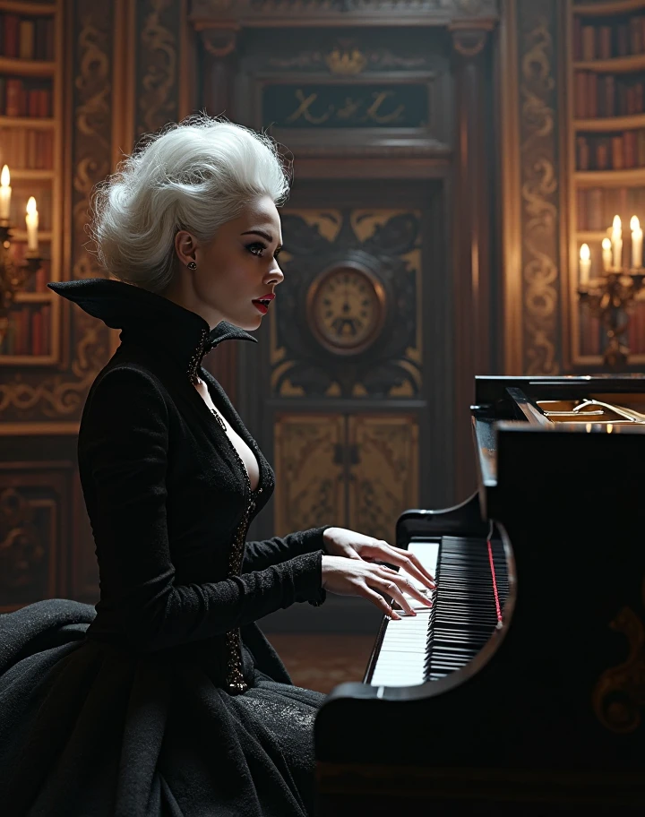 // A scene inspired by Dune: A single Nightshade Sister, dressed in tattered and torn clothing that resembles a mix of a bikini and shredded gown, is chained by her neck as she plays a grand piano in a grand, decadent chamber filled with luxurious yet sinister decor. The sister, bound and treated as a slave, performs a haunting melody while surrounded by Harkonnen men and women, all pale and dressed in dark, extravagant attire. The atmosphere is thick with eerie fascination and cruel delight, as the Harkonnen audience watches her intently. The lighting is dim, with deep shadows and flickering flames casting an ominous glow over the scene, highlighting the stark contrast between the sister's suffering and the dark, decadent surroundings.