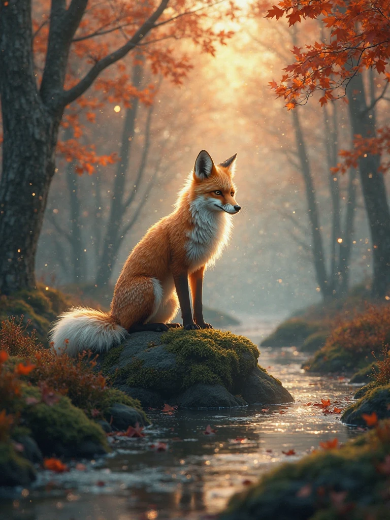 spirit fox,little bit glowing, standing on the small rock in the ...