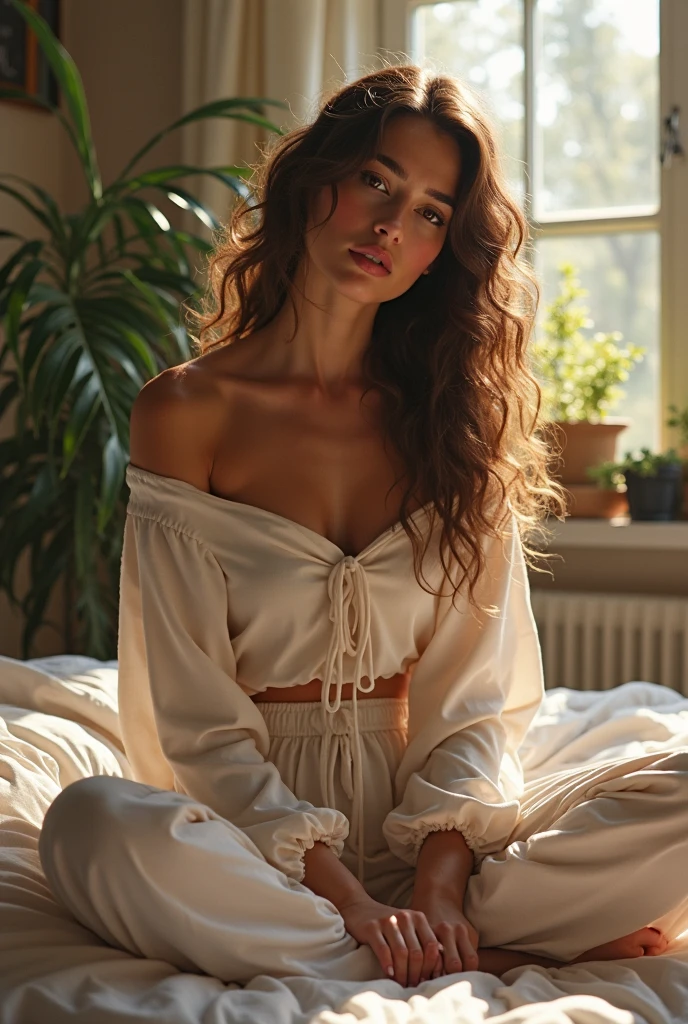 (photorealism:1.2), beautiful woman, sitting on bed, wearing loose off-shoulder top, pajama pants, long curly hair, indoors, soft lighting, plants in background, window with sunlight, cozy room, relaxed pose, realistic, intricate details, warm colors, by Greg Rutkowski, by Alphonse Mucha