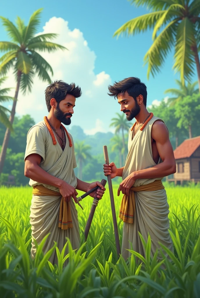 2 Indian men whipping 1 monkey and 2 oxen while they hold an offering plate.  Anime style to art