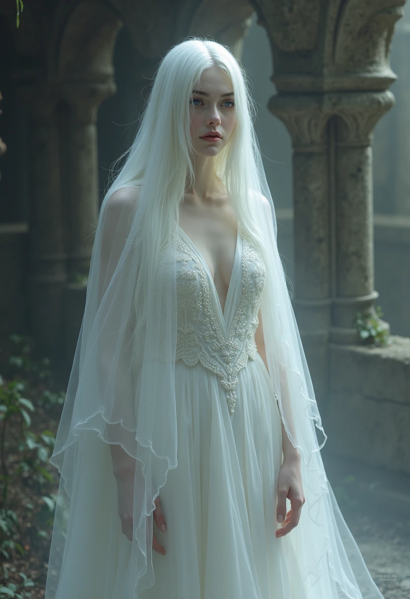 Appearance of the Witch: A tall, ghostly woman dressed in a flowing white gown with long,
