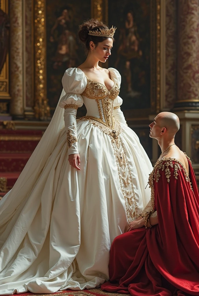 looking at viewer, Japanese beautiful female, very cute girl, Age: 20 age-old, brown hair , chignon , fringe, blue eye, little smile, (middle cup breasts, slender whist, middle hip ,beautiful pussy, beautiful anal, public hair),(Royal Navy color Princess dress, evening long dress),(White satin gown and fur lined cape for ladies, Royal Victorian Era Queen:1.3), HI heals, gold ring earring, gold neckless, bracelet, tiara , standing on floor, evening dinner Party , night, UHD, accurate, anatomically correct, textured skin, super detail, high details, high quality, best quality, Crew neck dress, Dress with shoulder decoration, (((Red Cape, red munt))), White elbow lace glove