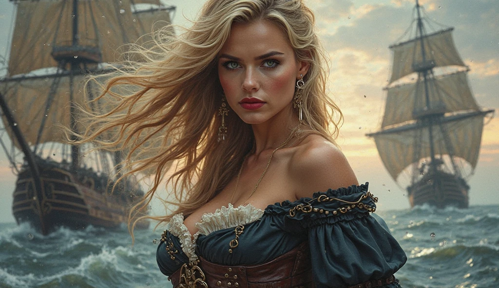 sexy a masterpiece, Danielle van de Donk, full body potrait of a photorealistic beautiful woman, (aboard a pirate ship:1.50), intense coloration fantasy, light hair, a stunning realistic photograph 20 years , random colored hair, (multiple women pirates dancing together:1.3), random color eyes, full body, cover, hyperdetailed painting, luminism, octane render, Bar lighting, complex, 8k resolution concept art portrait by Martina Fačková and Prywinko Art, Artgerm, WLOP, Alphonse Mucha, Tony Taka, fractal isometrics details, photorealistic face, hypereallistic cover photo awesome full color, hand drawn, bright, gritty, realistic color scheme, davinci, .12k, intricate. hit definition , Beethoven, cinematic,Rough sketch, mix of bold dark lines and loose lines, bold lines, on paper , real life human