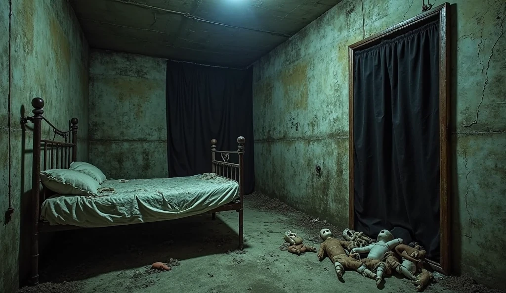 Interior of a dark room in a horror atmosphere, at night. A 10 year old, Ana, She's lying in her bed, playing with a porcelain doll.