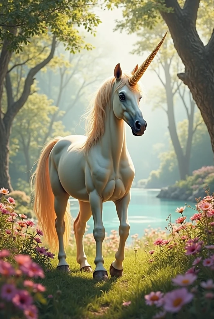 (medium full shot) of (graceful graceful unicorn), light Blue eyes, mint green silky coat, glowing horn, silky mane, magical rune markings, set in an enchanted meadow, with colorful flowers, tall grasses swaying in the breeze, a sense of peace and beauty, ,Masterpiece,best quality, raw photo, realistic, very aesthetic, dark