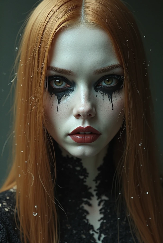 gothic Emma Stone, curly red hair, pale white skin, Láptico Preto, black eyeliner, Piercings.