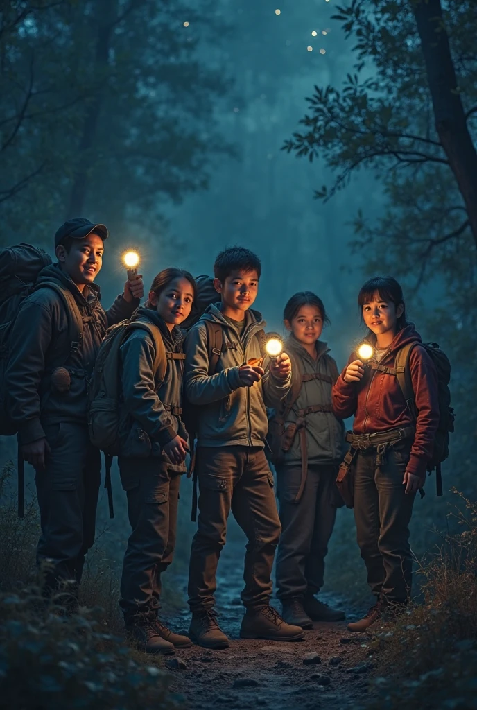 Drawing sitting in the tree wearing camping clothes pointing a flashlight