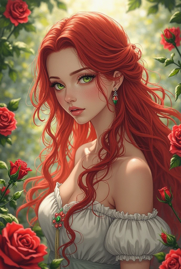 A beautiful young woman with long, flowing red hair and striking green eyes, dressed in a flowing white dress, standing in a lush, vibrant garden filled with colorful flowers and greenery, basking in warm, golden sunlight, (best quality,4k,8k,highres,masterpiece:1.2),ultra-detailed,(realistic,photorealistic,photo-realistic:1.37),detailed face and eyes, beautiful detailed eyes, beautiful detailed lips, extremely detailed eyes and face, long eyelashes, oil painting, cinematic lighting, vivid colors, fantasy, magical, elegant