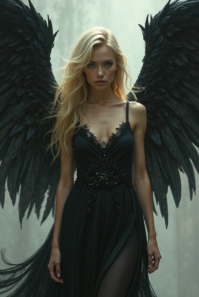 Beautiful adult angel girl with beautiful long blonde hair chaos around her ((beautiful render)) ((worked out person)) ((detailed skin)) ((gloomy atmosphere ))