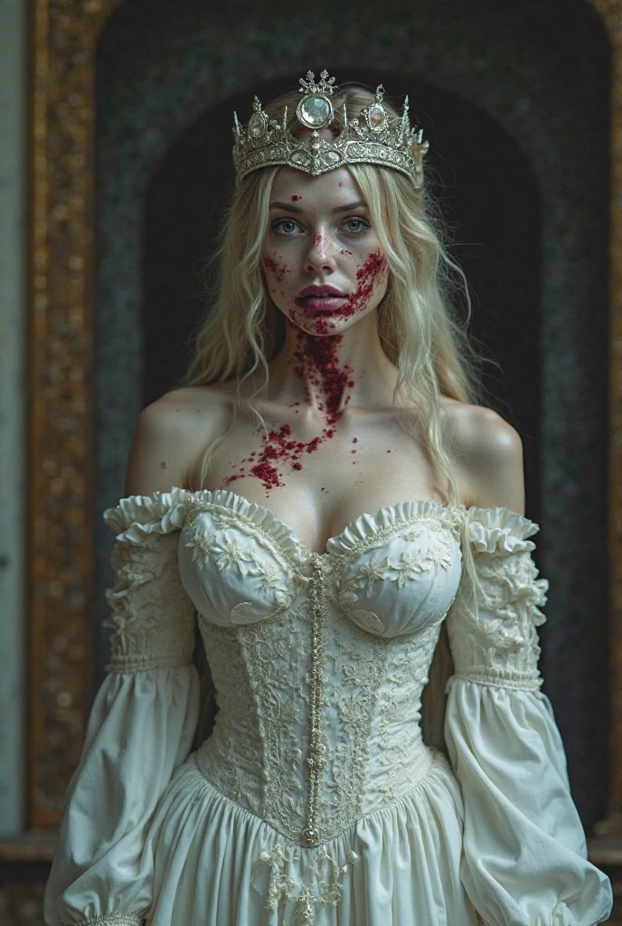 A royal princess afflicted with a severe and mysterious skin condition. Her body is covered with itchy rashes, sores, and festering boils emitting a foul odor. The scene is dramatic and cinematic, set in a grand royal chamber. The lighting is dim, casting an eerie and somber mood. The image should be hyper-detailed, 8k resolution, ultra-sharp, and UHD, capturing the stark contrast between her once-beautiful appearance and her current suffering.
