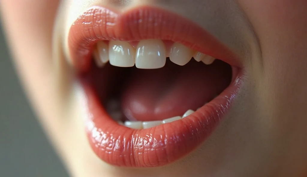 Extreme closeup of a female ’s mouth, wearing red lipstick, mouth wide open and smiling