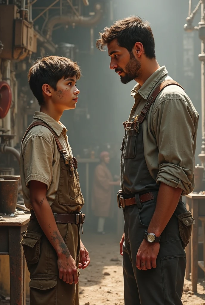 A young poor boy of 8-10 years old stands in a dimly lit, rustic room with wooden and brick walls. They have a serious expression and are wearing a loose beige shirt with suspenders. Moonlight streams through a dusty window, illuminating their face. In the background, there are tools, a workbench, a ladder, and other workshop items, night time, dark theme