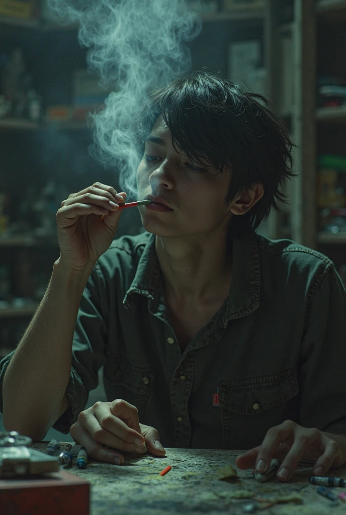 Young man smokes cigarette, with long hair, skinny, beautiful face, Wong Kar-wai style