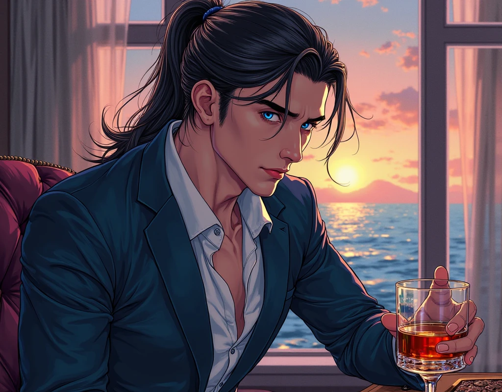 man, long black hair, Beautiful face, grey eyes, beautiful body,black T-shirt, black trousers. sits with a notebook in his hand and looks out the window, it is raining outside the window, There is a glass of red wine in the foreground, anime art, masterpiece, realistically, professional quality, super detail