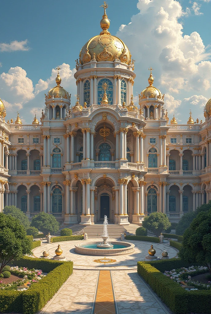 Huge Mansion seen from the front, She is a spaceship flying academy, and a shining sun and pleasant weather, very happy atmosphere
