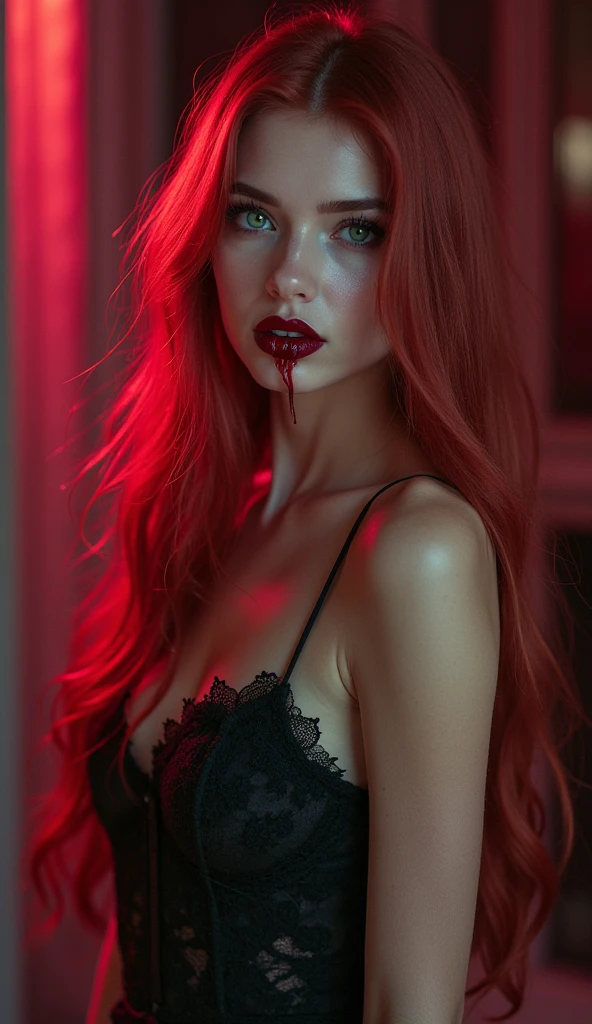 very attractive 25 year old girl with long wavy bright pink hair, vampire, showing fangs dripping with blood, photo quality