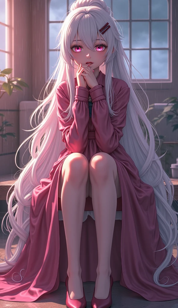 best qualtiy， tmasterpiece， 超高分辨率， realisticlying， 1 girl， long  white hair，Heterochromic pupils，Long legs，Princess set，head looking up，cheerfulness，Purple stockings，chies，stately，wide angles