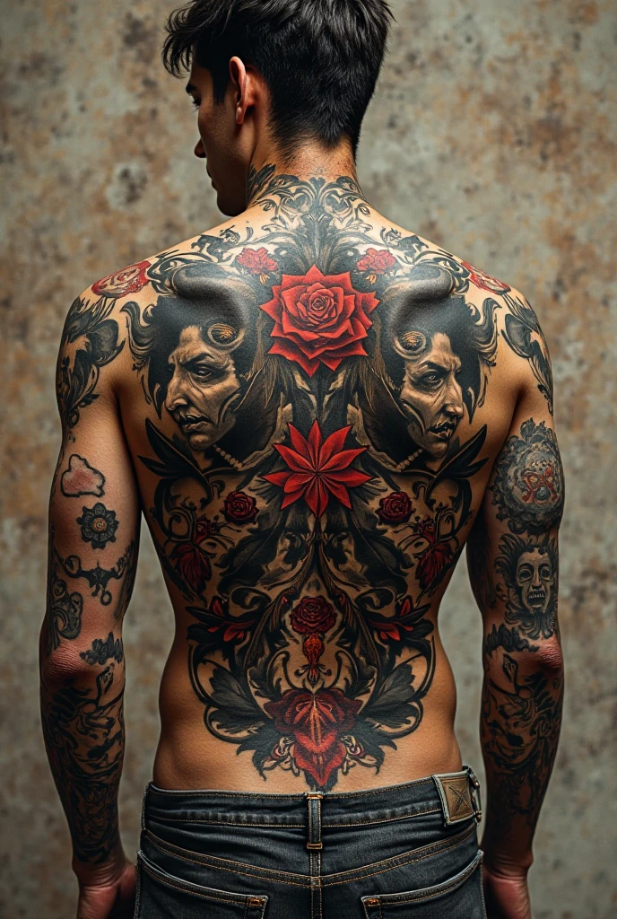 gothic, a man with a highly detailed colorful tattoo of a window to a shadowy world on his chest