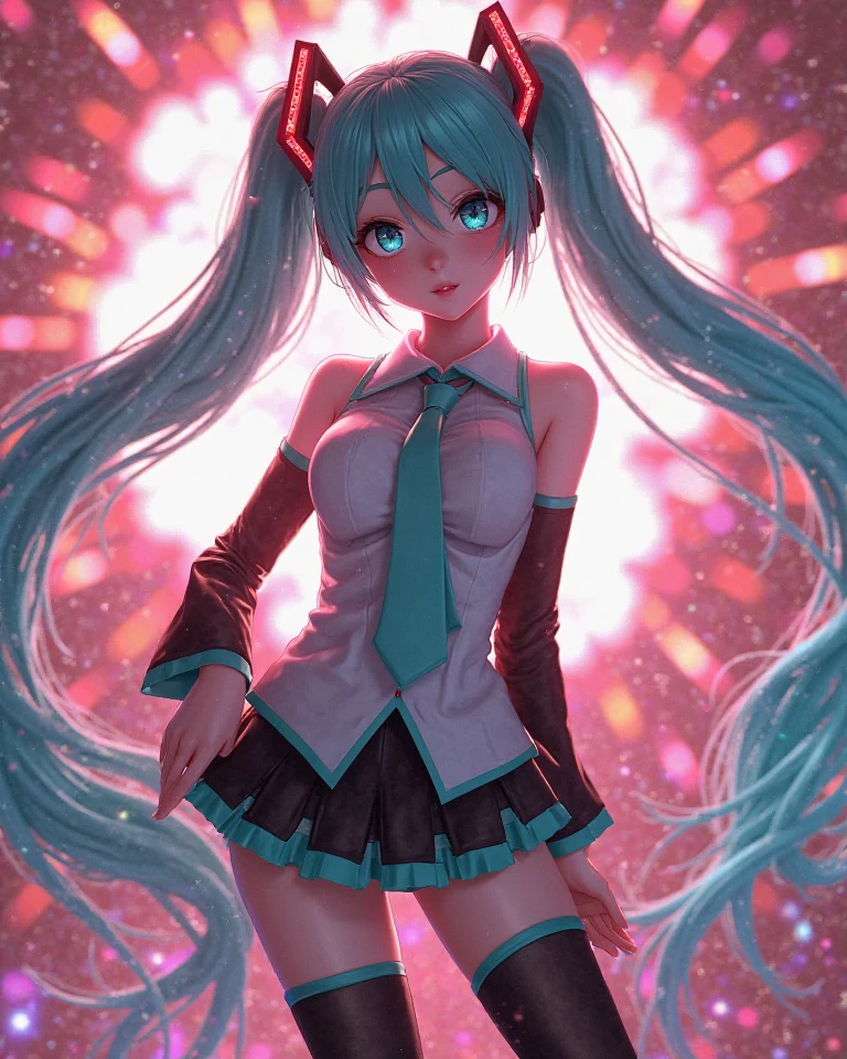(anime-style cute face)、Hatsune Miku,Highest quality, （（Sharp details））, (8k, RAW Photos, Highest quality, masterpiece), (looking at the camera),Cute Smile、Very big eyes、anatomically correct body、Big thighs、Muscular woman、The face is bright、Professional Lighting、Cute little breasts、Emphasis on the chest、（Swimsuit:0.8）、Shake it up、