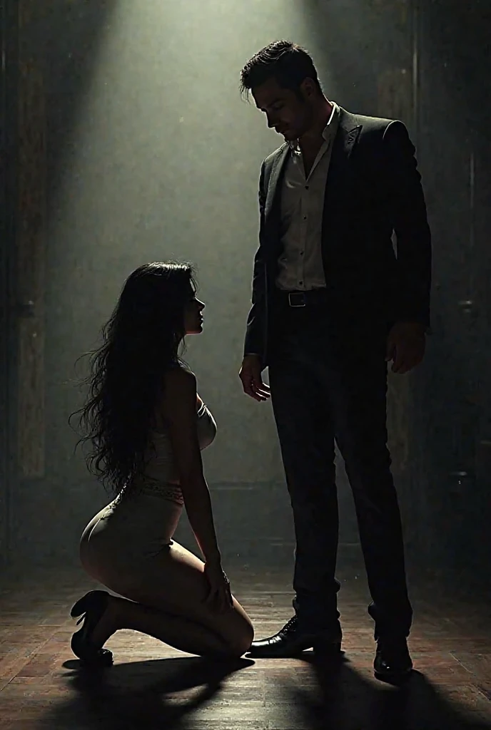 A woman with long jet black hair, which is formed into two pigtails. She is face up on top of a handsome, muscular man, who is sitting on a chair, in a dark, empty room, he is tied to a chair. She is wearing a very skimpy leather skirt and top. and is wearing a black t-shirt and pants. ((She is sitting on his lap with lingerie on)) ((HE IS HANDCUFFED, SITTING on a wooden chair, WITH HIS HANDS BEHIND THE CHAIR)) ((profile image))