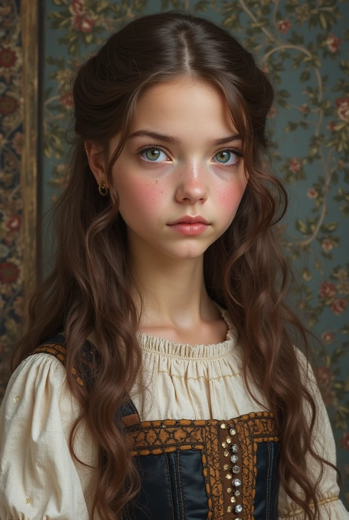 A small with long brown hair and blue eyes, very beautiful, sadly crying in an old brown dress., In a beautiful palace-like house