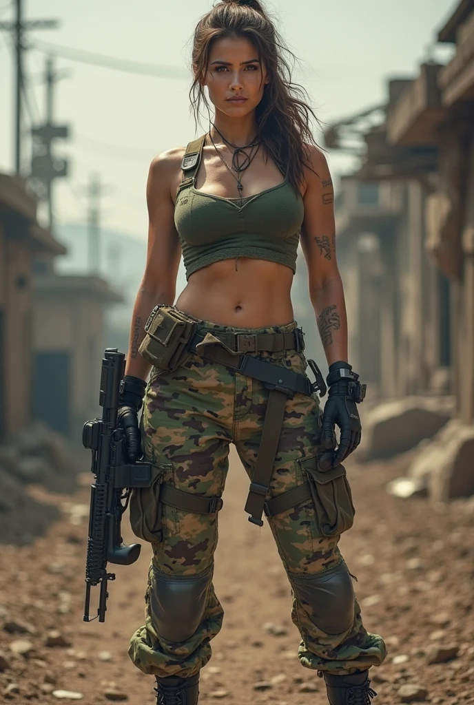 An Army female, ((sitting on the floor, in abandoned house)), (wearing military pants), (torn camouflage tank top and military long pants, (huge cleavage), ((showing shaved armpits by hands up, grabbing gun with a hand)), vibrant colors, American flag, photo-realism, detailed, (us army uniform:1.3), (military insignia), (camouflage pattern:1.3), angry face, photo by Jamie Hawkes worth, (natural skin texture, hyperrealism, soft light, sharp:1.2), (intricate details:1.12), HDR masterpiece, best quality, (highly detailed photo:1.1), 8k, photorealistic ,(SFW),