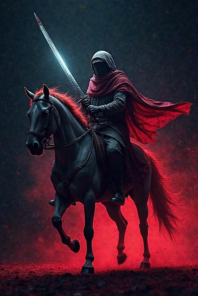 3 horsemen of the apocalypse (red face,blue face,ros)+ rainy night+ children watching (children from afar) + reddish sky(ghastly weather) + silhouette of 2 small angels in the background (angels are flying and holding swords + UHD, realistic image, quality image. 4K, small angels in the background.