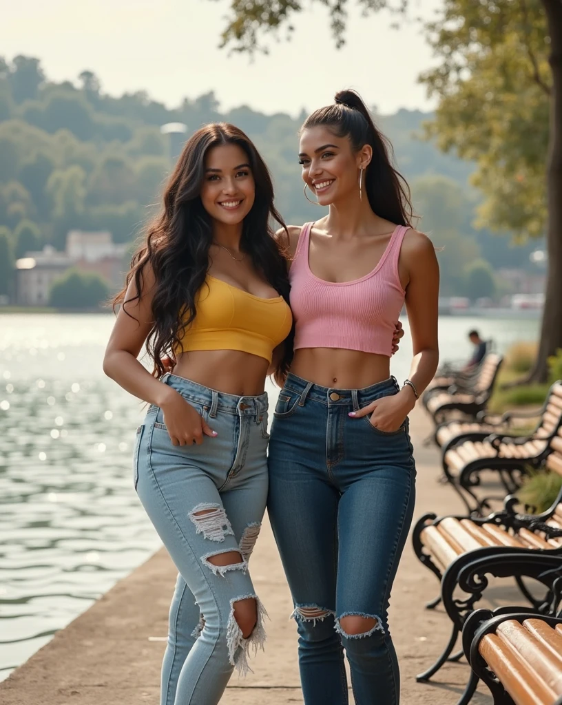 a girl laughing, wearing a cute white top and black jeans, slightly rounded figure, in a busy street, detailed facial features, beautiful detailed eyes, beautiful detailed lips, extremely detailed eyes and face, long eyelashes, photorealistic, 8k, ultra-detailed, realistic, masterpiece, sharp focus, vivid colors, natural lighting, street scene, urban environment, crowded city, people walking in the background, shops and buildings in the background