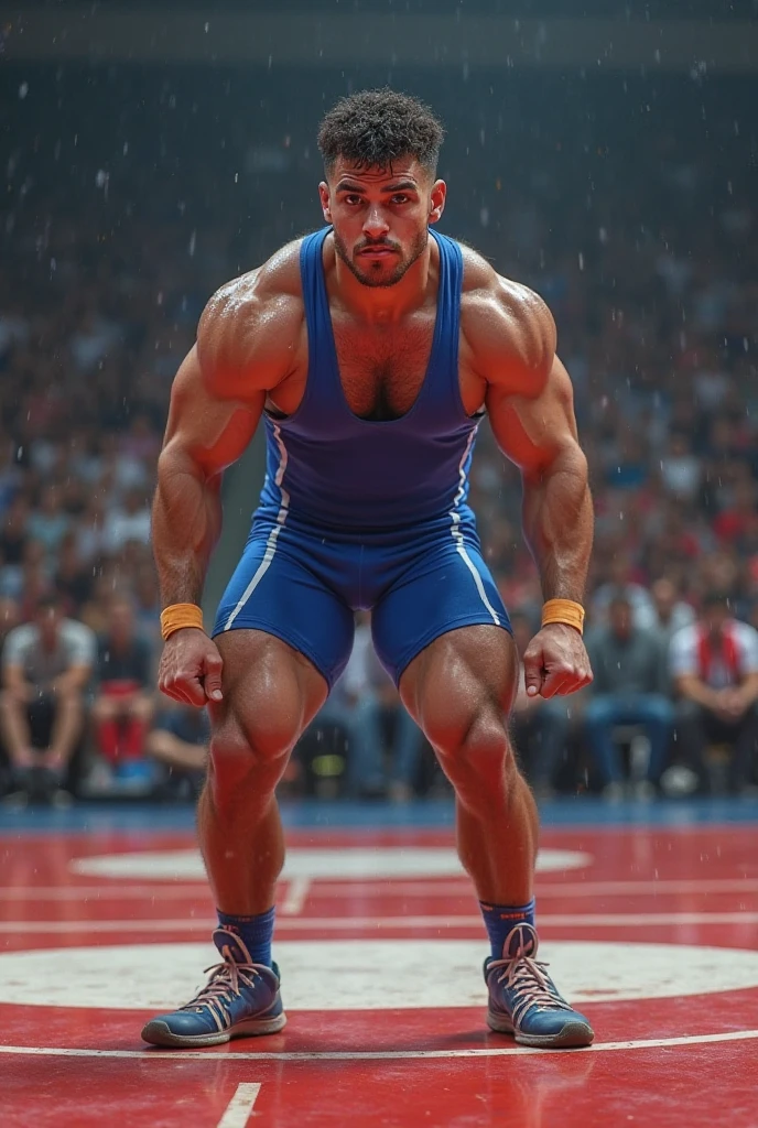 Best image quality, Ultra-high resolution,Long legs,Are standing,photograph,1 male,Blue wrestling singlet,Black long tights,White long socks