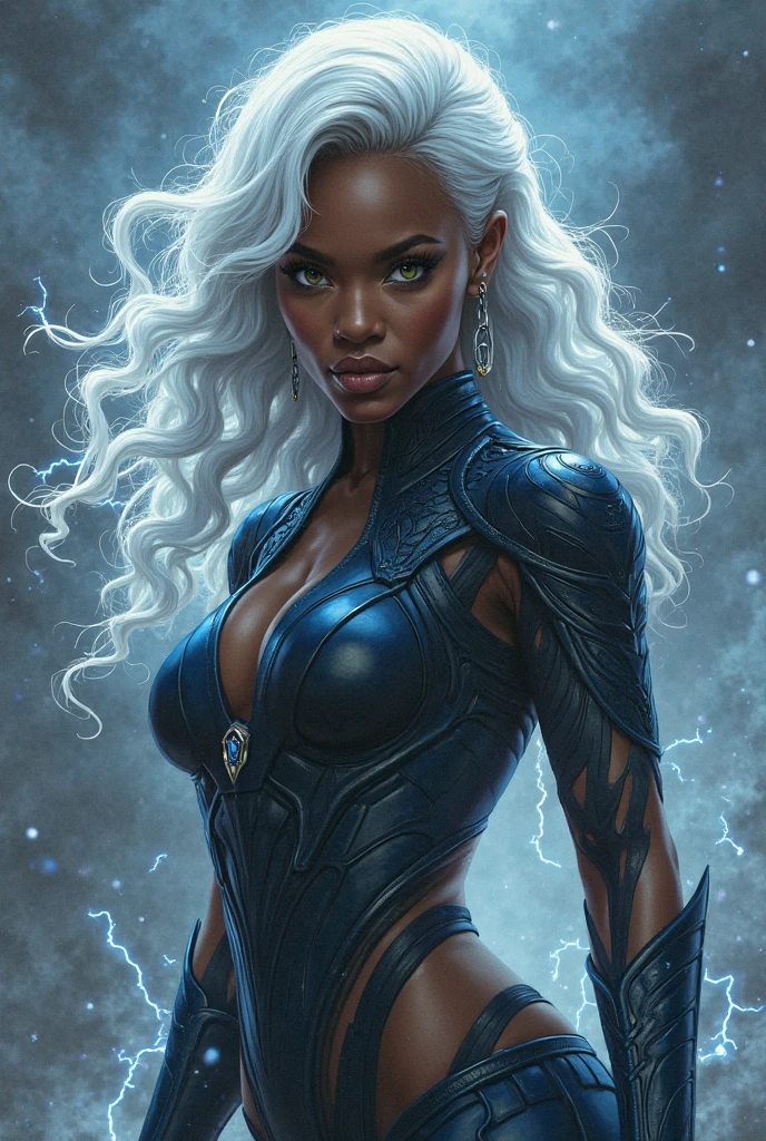 Joe Madureira Style, best quality, masterpiece, realistic, intricate, highly detailed, beautiful (african ebony woman:1.2), (black skin:1.4), white hair, yellow eyes, angry, BREAK, (simple white supersuit), flying, arms spread, lightning auras, lightning all over body, BREAK, (wind blow, windy:1.3), (flowing hair, wild hair:1.3), BREAK, night, dark, (shining light foreground:1.2), atmospheric fog, blue and cloudy dark sky, (cloudy, thunder, yellow lightning, storm:1.2), dramatic scenery, (hyper detailed sky background), BREAK, epic artistic, light rays, ambient light, high key, action line,, (intricate detailed light particles:1.3), lens flare, BREAK, cowboy shot, (flying pose), face focus, centered, looking at viewer, front view,( storm xmen:1.4), (storm xmen:1.4), (face detailed :1.4),( perfect anatomy :1.4), ,(Fondo de ruinas de mazmorra en ruinas piedras grandes :1.4 )
