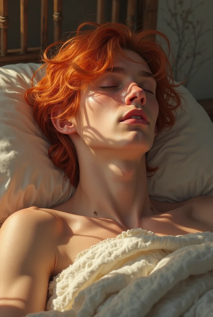 photorealistic image of a man, ultrarealistic, photography, long red hair, man, 24 years old, Handsome figure,white skins,dynamic seductive face,nude,cock,penis, perfect body, Flirty look, he is naked, in the bedroom, in bed, he is laying in bed on his back, naked, his legs are spread, he has his eyes closed and his mouth open, he is moaning, White sheets, Light and shadow, Glossy skin, Sweat, Asian male, Handsome Boy, textured skin, super detail, best quality,