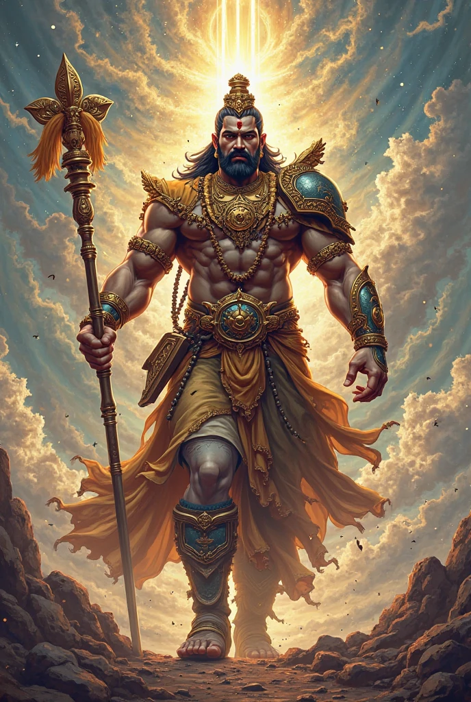 God Narasimha, masculine, robust, Lion's head, crown on head, gold ornaments, wearing a yellow silk dhoti, silks draped around his torso, slight smile, bulky, sinewy muscles, spear in hand , palace in the background, pillars in background , front view, full body, graceful, realistic, light effects, by Boris Vallejo, Frank frazetta, Louis royo