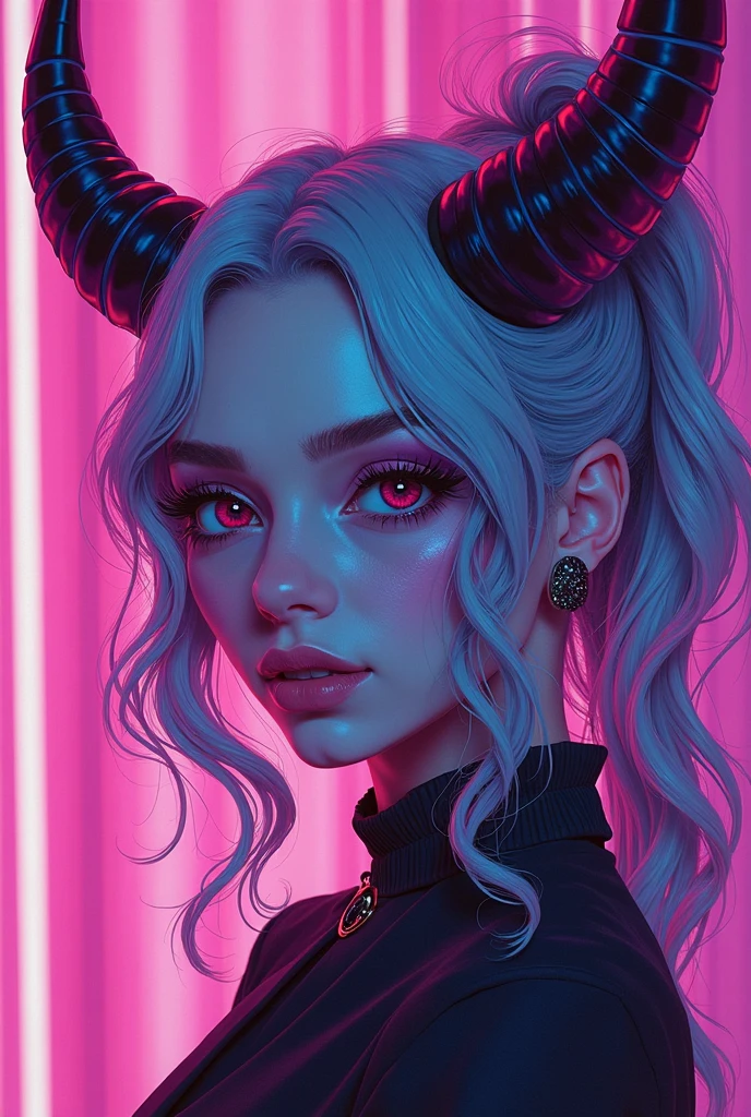 makiman,"A striking digital art portrait of a young woman with long, flowing pink hair, a glowing neon halo, and horns atop her head. Her intense red-orange eyes shine with a piercing, hypnotic gaze. She wears a white collared shirt and a black tie, projecting a powerful, confident presence. Black-gloved hands surround her, gently touching her head and shoulders, adding a sense of tension. The background is dark, with deep shades of purple and red, highlighting the chains crisscrossing behind her, creating a dramatic, otherworldly atmosphere."