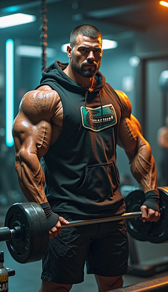 Handsome tall masuculine bodybuilder 30 years old INDIAN GURJAR doing shopping in supermarket weared Gym tank outfit shaker tumblr in hand, wrist indian band