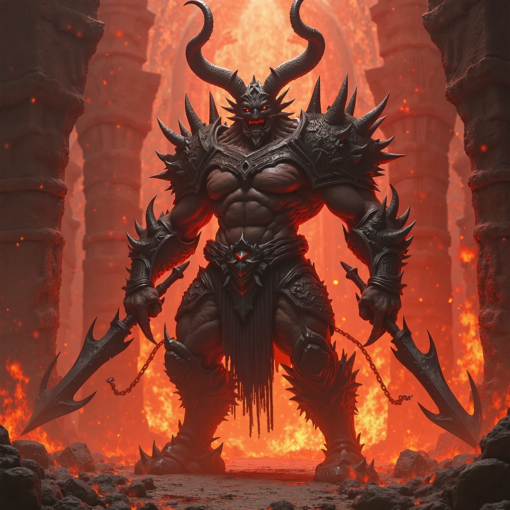 A majestic representation of the Devil standing over the wreckage of an apocalypse. His imposing figure is intricately carved, with flames in shades of orange and red dancing around him. He holds a black scepter studded with jewels, radiating evil energy. In the background, the scene is desolate and chaotic, with stormy skies and spreading darkness. The epic battle between the forces of good and evil is portrayed in the fierce expressions of the fighting warriors. Environment: A world in ruins, with collapsed buildings and an apocalyptic landscape. Atmosphere: Dark, charged with tension, with an air of imminent final conflict. Style: Bronze sculpture with highly realistic details. Execution: Digitally sculpted in high resolution, with an emphasis on the textures of the flames and skin.
