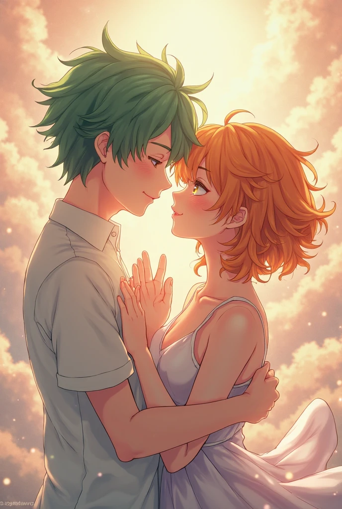 A couple that kisses anime style, the girl has short brown hair to her shoulders and wears a white dress with flowers and pink petals and a hat while she is hugged by the boy who gives her the kiss reciprocating and the man with short green hair in comfortable clothes and the field is full of sunflowers.