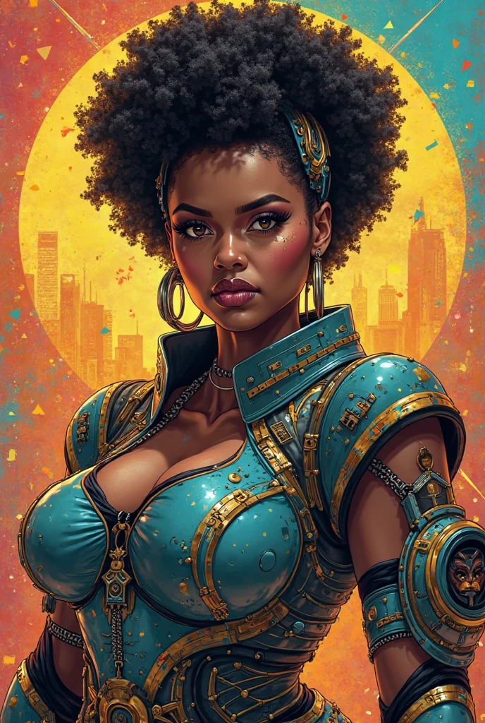 a black woman, afrofuturistic steampunk cyberpunk outfit, dark skin, black hair, brass accessories, sultry expression, dynamic pose, high-quality, intricate details, cinematic lighting, rich colors, dramatic atmosphere, photorealistic, award-winning digital art