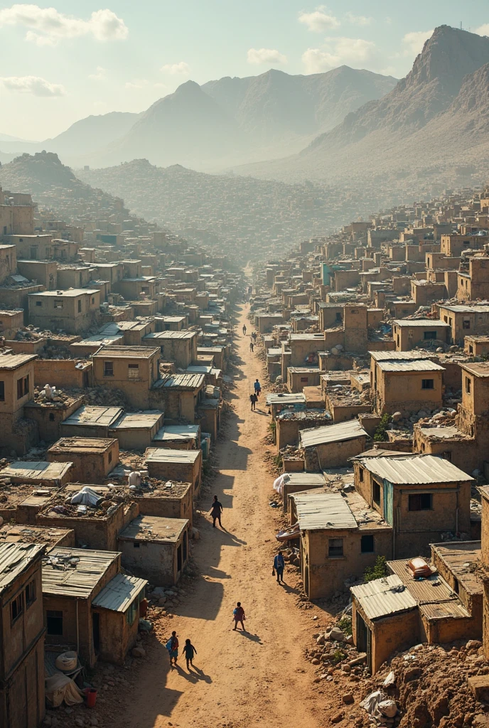 The village is destroyed, rundown, dirty,africa, 1994,dark background