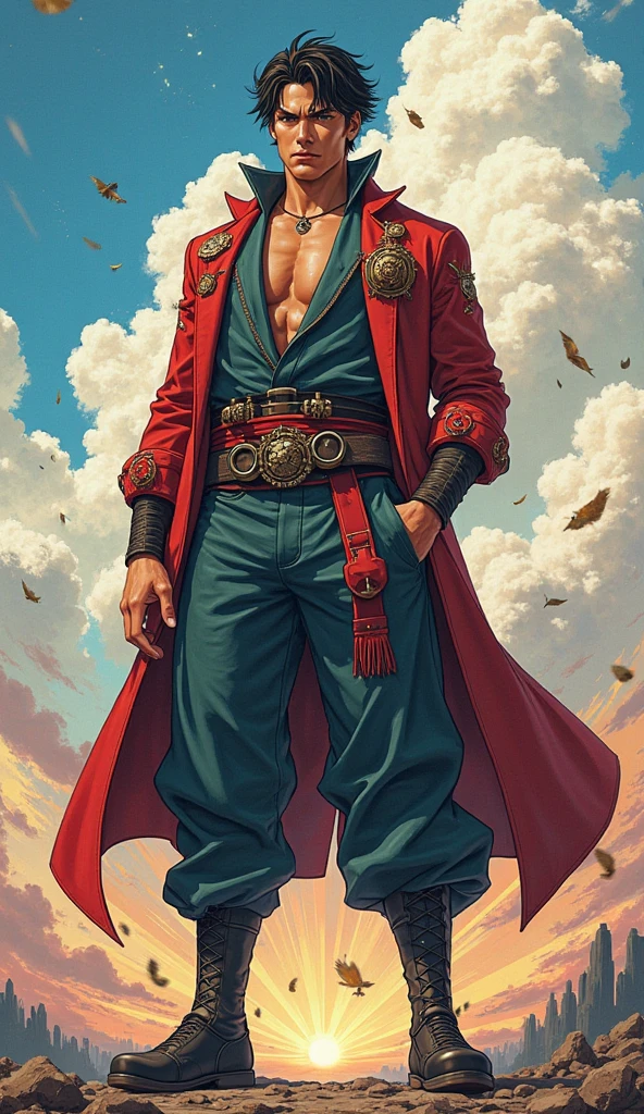 (masterpiece:1.2, best quality:1.2, extremely delicate:1.2), ((male:1.5)), a middle-aged man with slicked-back brown long hair, golden parted bangs, raised thick eyebrows, sharp eyes, rugged features, a full beard, a confident smile, tall and sturdy build, a fantasy martial arts style white open-chest silk coat with a long hem, a yellow shawl, long gloves, a leather belt, canvas trousers, standing in a sunny desert oasis, this character embodies a finely crafted fantasy martial arts style desert ruler in anime style, exquisite and mature manga art style, dramatic, high definition, highres, ultra-detailed, ultra-fine painting, professional, perfect body proportions, golden ratio, anatomically correct, symmetrical face, extremely detailed eyes and face, high quality eyes, creativity, RAW photo, UHD, 32k, Natural light, cinematic lighting, (masterpiece-anatomy-perfect:1.2)