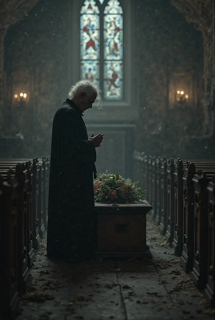 a white-haired man has his back to the audience. Amidst blood-stained dandelions